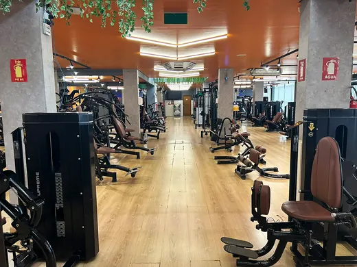 Fileira de estações guiadas de musculação.